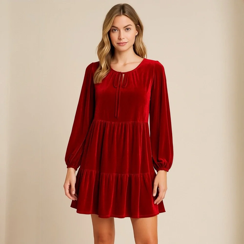 entro | Dresses | Entro New Red Velvet Large Tiered Babydoll Dress Long Sleeve Holiday Christmas